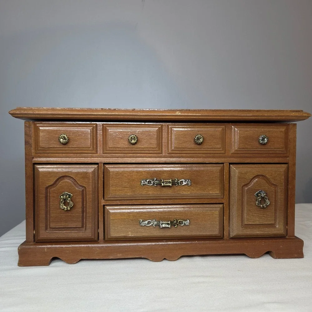 Vtg Sankyo Wooden Musical Jewelry Box Chest Faux Drawer Design Brown Yellow READ